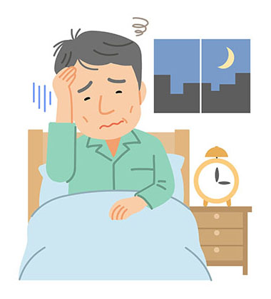 夜ベッドに入るが寝付けず困っている男性のイラスタオ